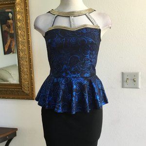 IPONA  Peplum Short Dress Necklace Shine  Textured Bodice Party Blk/ Blue   S